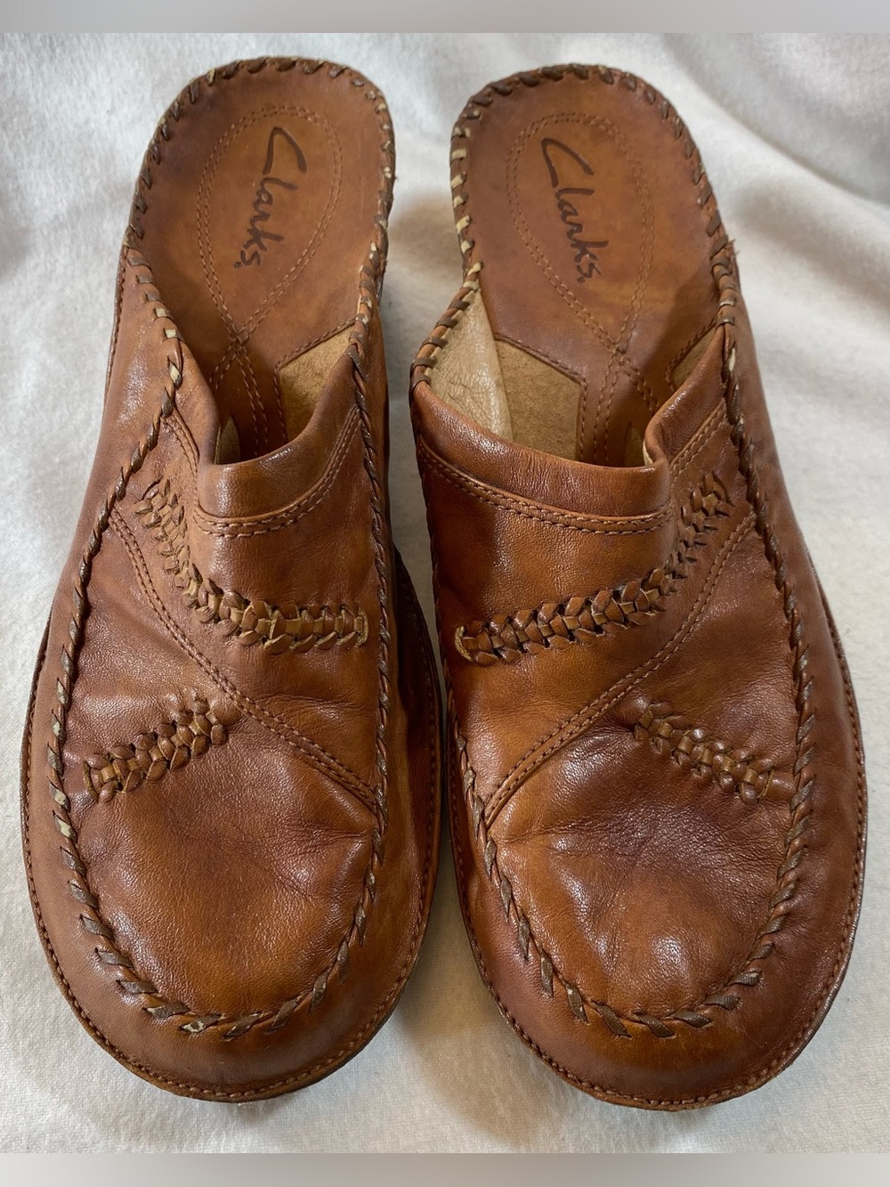 Clarks Artisan Tan/Brown Leather Slip-On Mules Heeled Clogs Size 9M